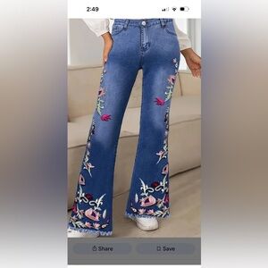 STUNNING Boho Embroidered Floral Blue Jeans